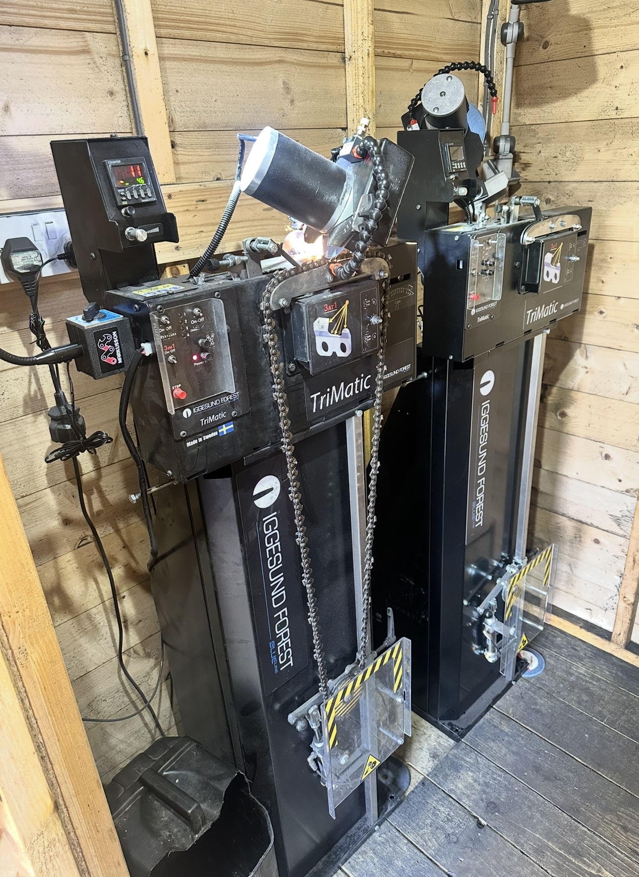Iggesund TriMatic chain sharpening machines in our workshop